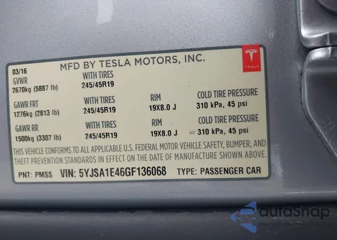 2016 Tesla Model S 90D/P100D/P85D/P90D z USA, uszkodzony, nr VIN 5YJSA1E46GF136068